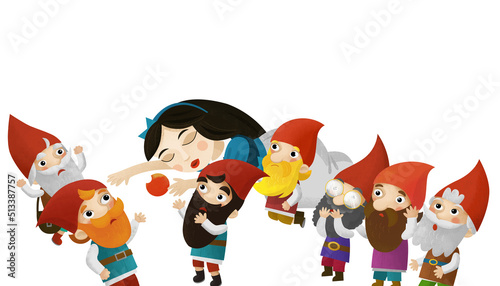 cartoon scene with sleeping princess and dwarfs on white background illustration