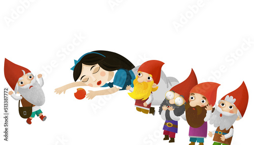 cartoon scene with sleeping princess and dwarfs on white background illustration