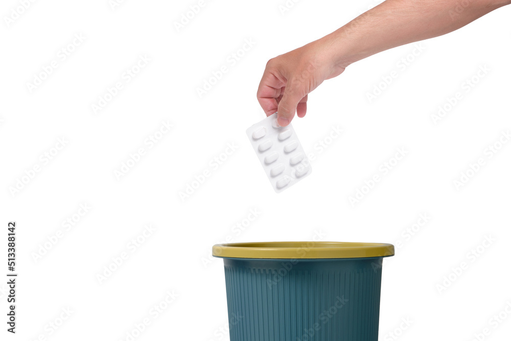 Throw package pills in trash.Isolated white background. Throw package pills in trash.Isolated white background.