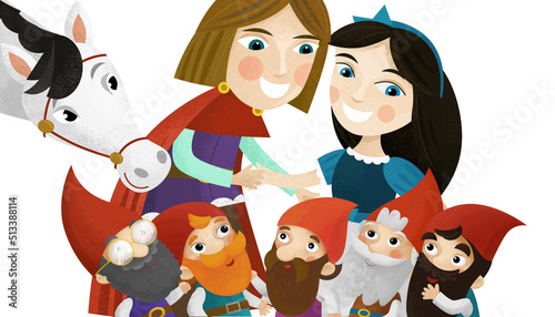 cartoon scene with prince and princess and dwarfs illustration
