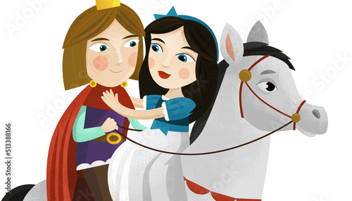 cartoon scene with prince and princess on horse and dwarfs illustration