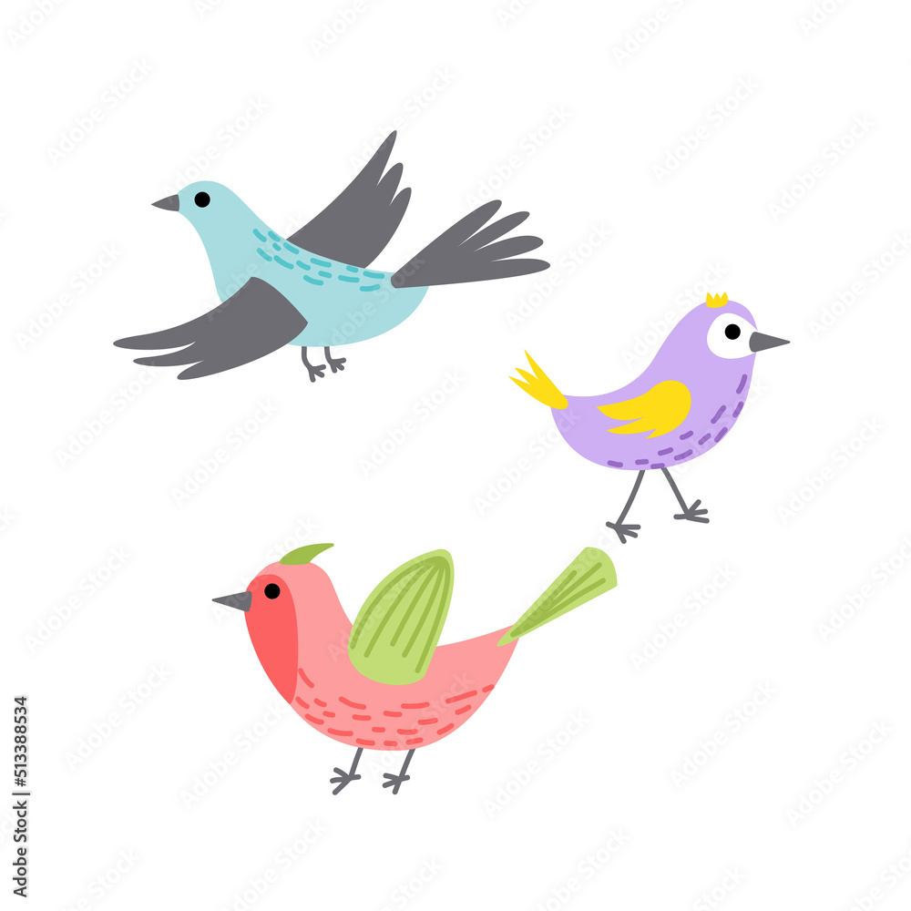 Bird colorful set. Flying bird. Little bird, nestling, chick. Spring, easter. Flat, cartoon, isolated