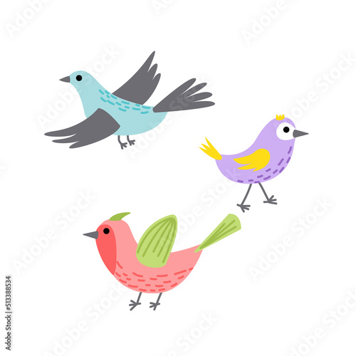 Bird colorful set. Flying bird. Little bird, nestling, chick. Spring, easter. Flat, cartoon, isolated © Aleksandra