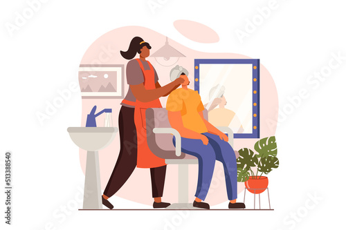 Spa salon web concept in flat design. Professional cosmetologist makes facial massage for female client in cosmetology clinic. Woman receives beauty treatment. Vector illustration with people scene