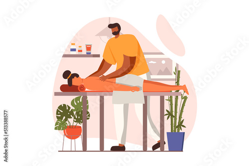 Spa salon web concept in flat design. Professional masseur does manual therapy to patient. Woman lying on couch and getting back massage in cosmetology clinic. Vector illustration with people scene