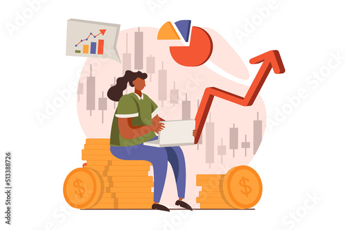 Stock market web concept in flat design. Businesswoman analyzing financial trends and charts, trading at auction, bargain invests money and increases her income. Vector illustration with people scene