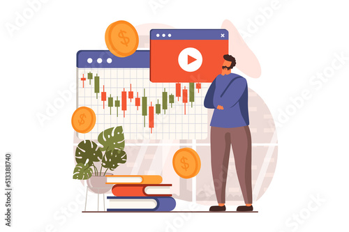 Stock market web concept in flat design. Businessman analyzing financial trends and statistics, trading at global auctions, invests money and increases income. Vector illustration with people scene © alexdndz