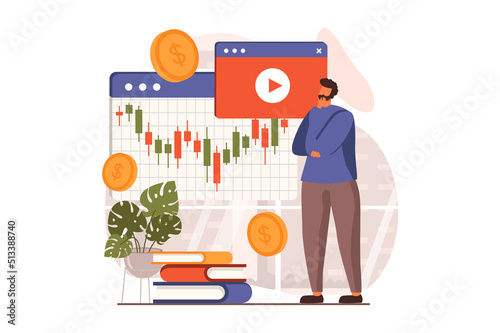 Stock market web concept in flat design. Businessman analyzing financial trends and statistics, trading at global auctions, invests money and increases income. Vector illustration with people scene
