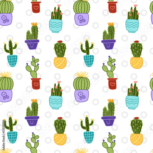 Cactus seamless pattern. Cacti. Flowering plants. Doodle, cartoon, vector