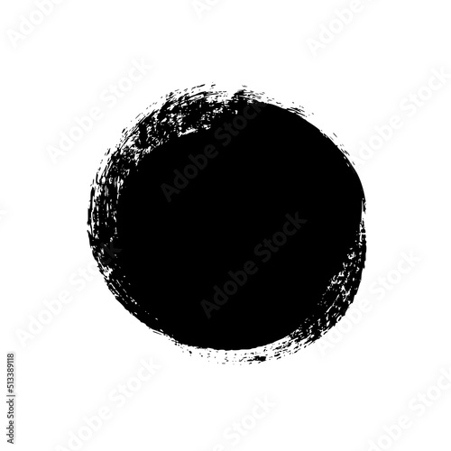 Vector circle black paint, ink brush stroke round shape. Black grunge design round element or background for text. Grungy black smear and rough stain. Hand drawn ink illustration isolated on white.