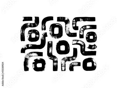 Rounded rectangular lines with ellipses. Hand drawn black paint brush strokes vector set. Curved bold lines with grunge circles. Scuffed black brush strokes. Labyrinth or maze structure.