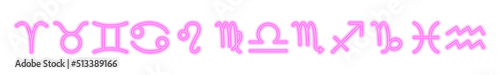 Set of pink neon zodiac signs isolated on white. Predictions, astrology, horoscope.