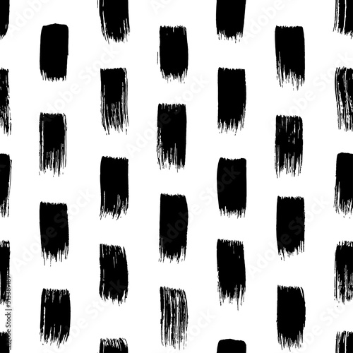 Short hand drawn strokes vector seamless pattern. Texture in hipster style with vertical black brush strokes. Abstract monochrome grunge style background. Black paint dry bold short lines. 