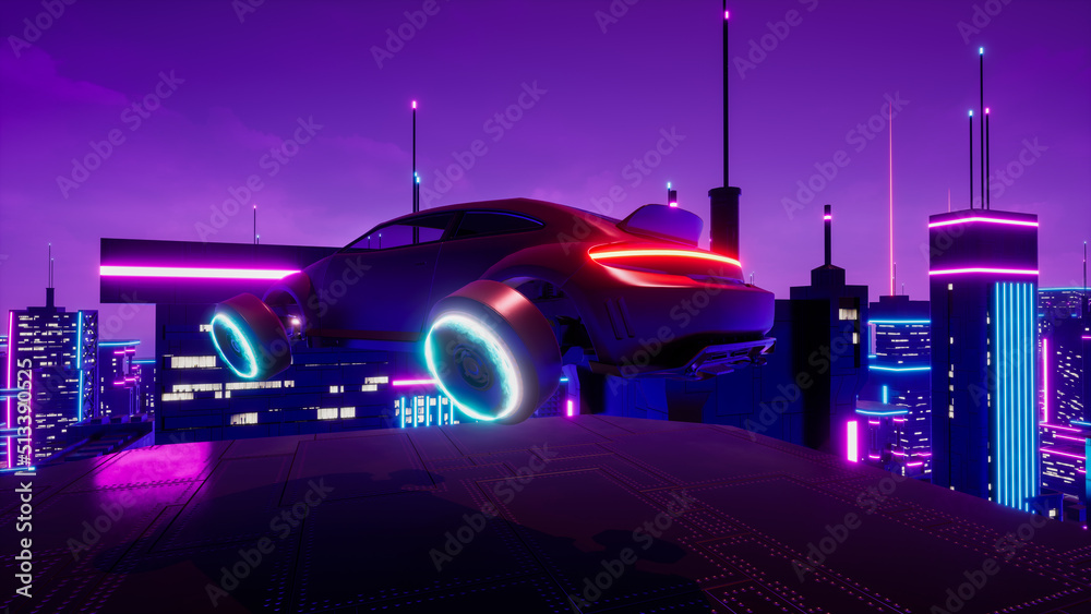 Futuristic transport vehicle with metaverse city. 3d render