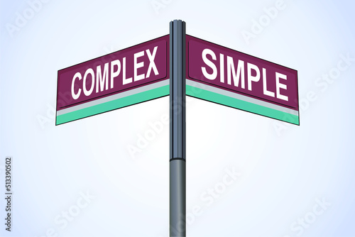 Conceptual Signpost for Design Philosophy, Labeled "COMPLEX" and "SIMPLE" in White Text on Purple and Teal Signs, Against a Light Blue to White Gradient Background.