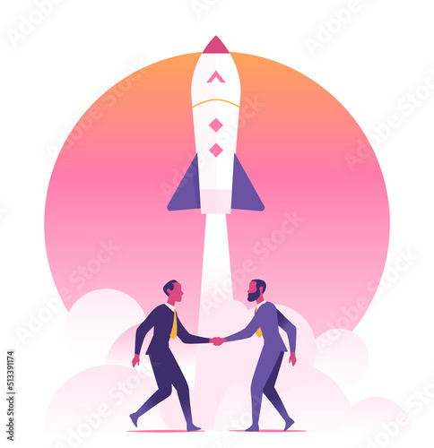 Two businessmen shake hands. Business startup vector illustration. Rocket launch