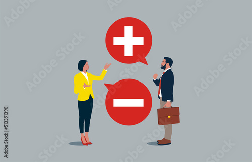 Business People or couple talk or have lively discussion positive and negative thinking speech bubble, bad and good thoughts, Pessimist and optimist. Art corporate communication between coworkers. 