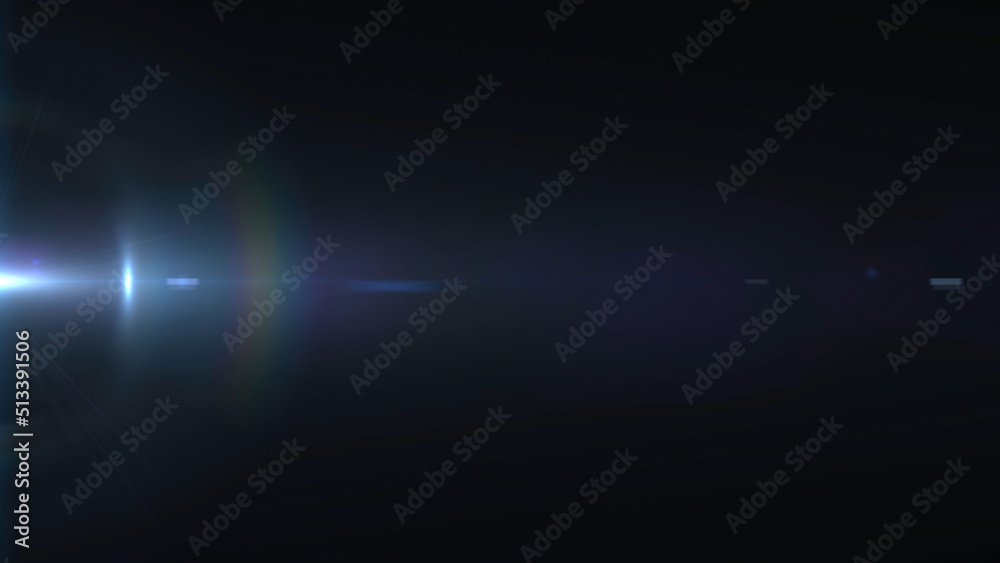 Abstract optical glare and neon ray in blue light on black background. Bright sphere of white light with neon broken line.
