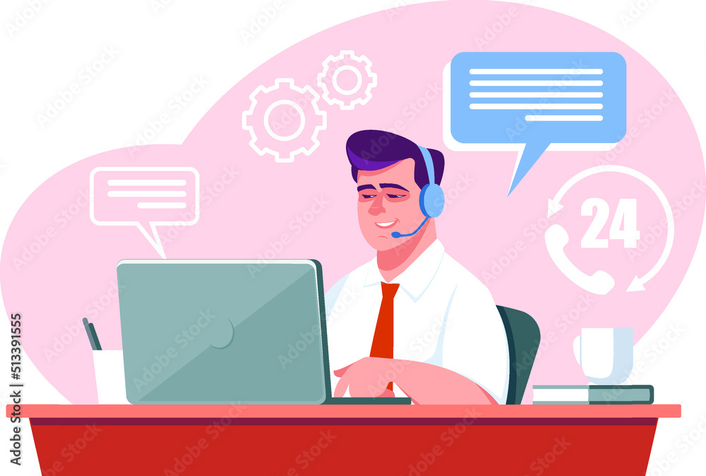 A man works in a call center. The concept of helping people over the phone and online. Stock vector illustration.