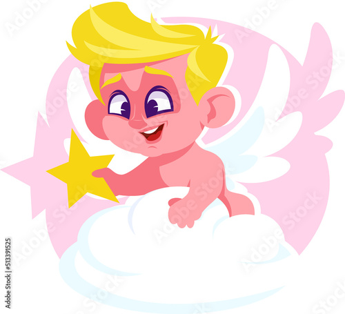 A little angel with white wings sits on a cloud and holds a star in his hand. Stock vector illustration