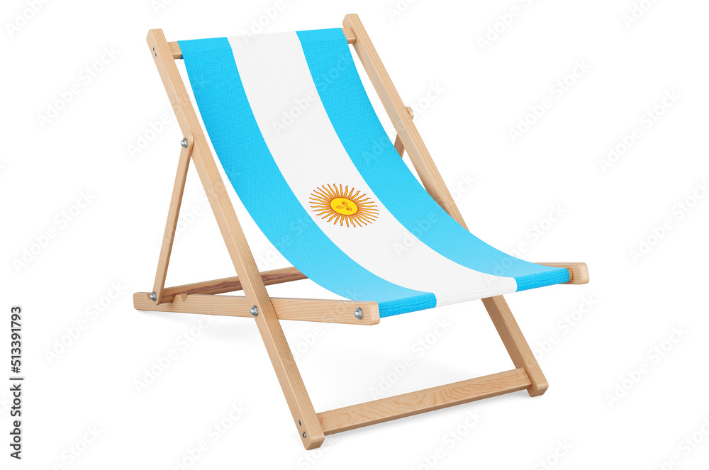 Deckchair with Argentinean flag. Argentina vacation, tours, travel packages, concept. 3D rendering