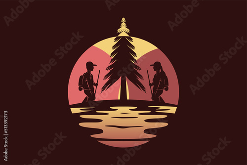 Hiking, adventure or camping logo night landscape design. Silhouettes of people and fir trees blend with night landscape vector illustration.