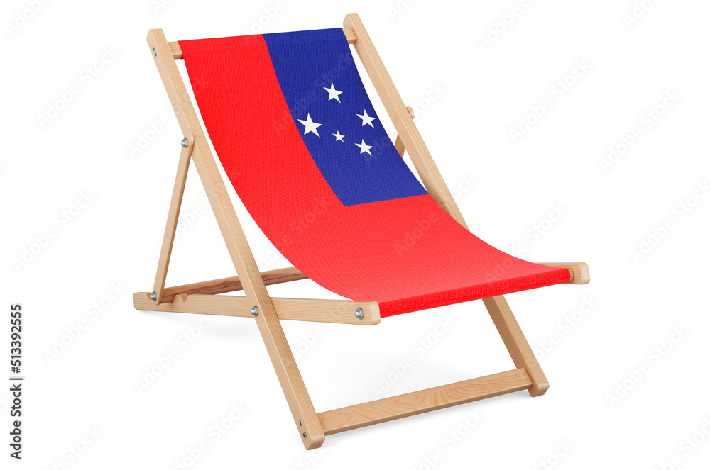 Deckchair with Samoan flag. Samoa vacation, tours, travel packages, concept. 3D rendering Deckchair with Samoan flag. Samoa vacation, tours, travel packages, concept. 3D rendering