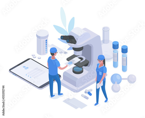 Isometric scientific laboratory, 3d medical research concept. Chemical experiments, blood tests and pharmacy research vector illustration. Medical lab background