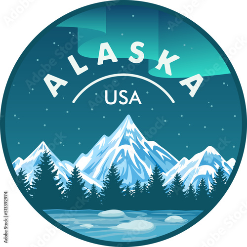 Alaska vector label with Northern lights, woodland forest and Wildland. Glacier and snow capped mountains in the National Park.