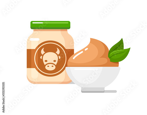 Beef puree in baby food jar with label, meat pate in white ceramic bowl. Kids nutrition icon. Vector flat illustration isolated on background