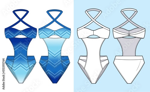 Vintage blue Swimsuit fashion design. Women's Swimsuit fashion flat technical drawing template. Swimwear fashion design.