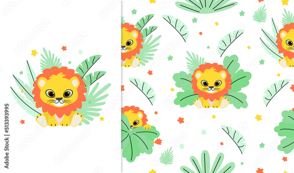 Cute lion baby and seamless pattern background. Vector illustration of wild animal in childish cartoon flat style. Cute lion baby and seamless pattern background. Vector illustration of wild animal in childish cartoon flat style.