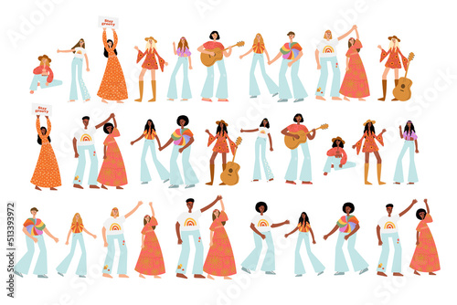 groovy hippie clipart, retro 70s hippy clip art, group of people vector illustration, peace and love clipart, vintage scene creator