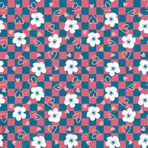 Romantic seamless pattern with flowers and hearts on checkered background. Hippie aesthetic print for fabric, paper, T-shirt. Simple floral illustration for decor and design.