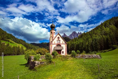 Beautiful Church of St John of Nepomuk (Chiesetta di San Giovanni) in Ranui, Val di Funes, Dolomites, Italy photo