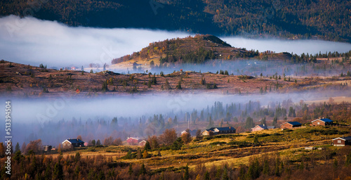 Fototapeta Naklejka Na Ścianę i Meble -  Morning Mist at Lykkja, Hemsedal, Norway