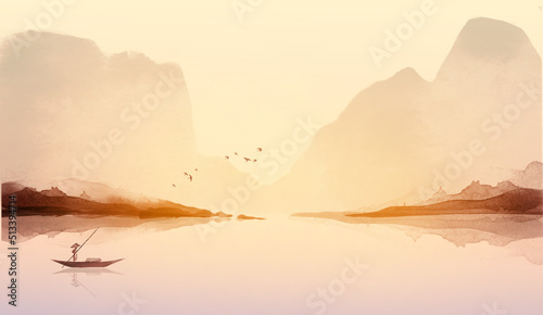 Landscape with fisherman in a boat, misty mountains and sunrise sky. Traditional oriental ink painting sumi-e, u-sin, go-hua. Hieroglyphs - peace, tranquility, clarity, well-being