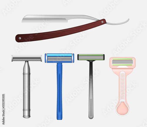 Set of realistic metal razors for shaving. Sharp shave plastic and retro equipment for hygiene
