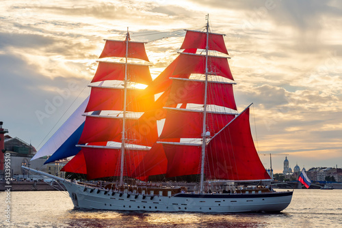 Fényképezés Scarlet sails ship on Neva river during White nights festival, Saint Petersburg,