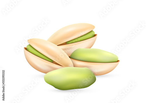 Realistic pistachio nut in cracked shell with green seed isolated on white background