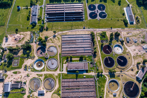 aerial view modern wastewater sewage treatment plant of the city