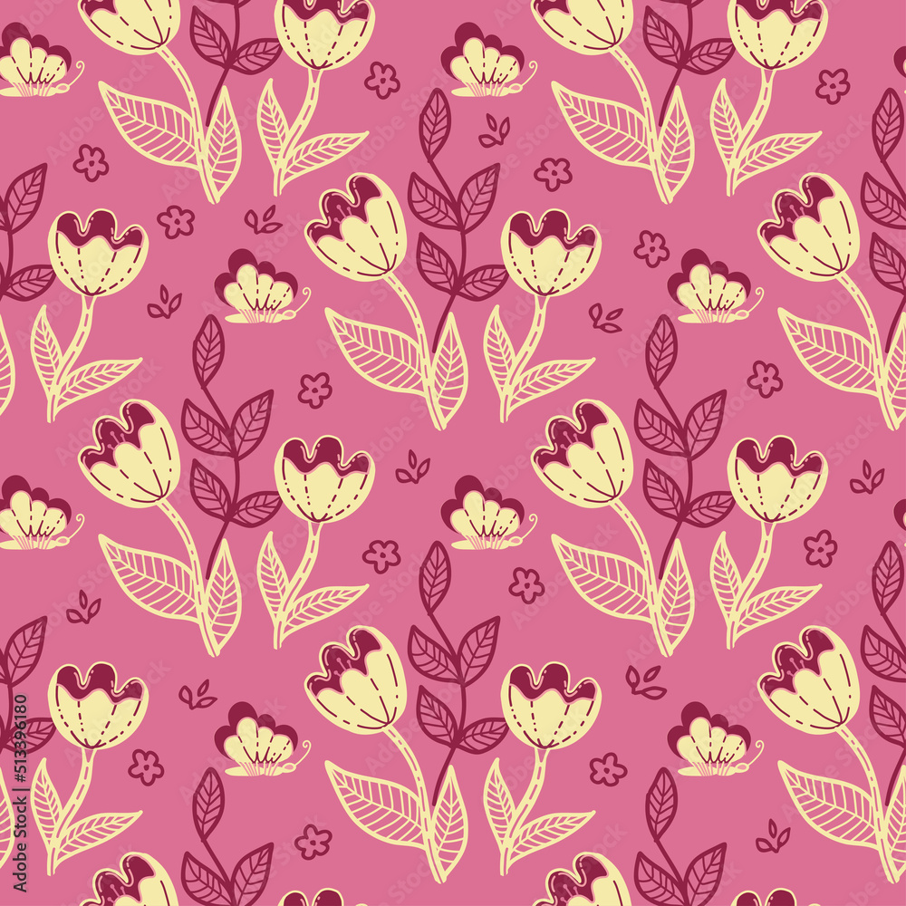 Beige flowers pattern in beautiful style on pink background.