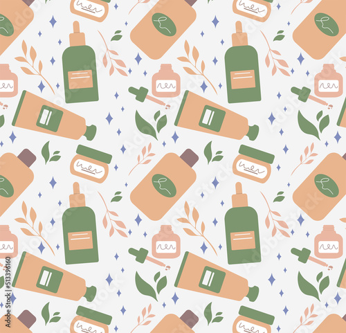 Pattern With Beauty Cosmetics Products Vector Illustration In Flat Style
