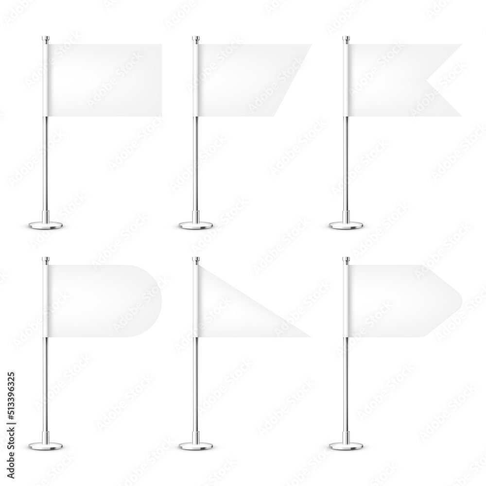 Obraz premium Realistic various table flags on a chrome steel pole. Blank white desk flag made of paper or fabric. Shiny metal stand. Mockup for promotion and advertising. Vector illustration