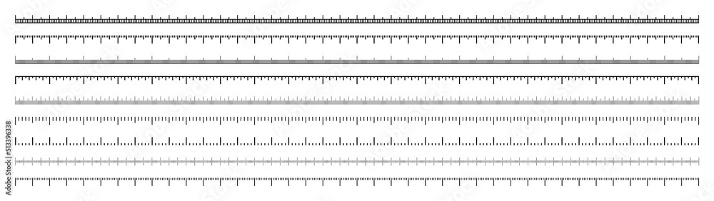Various measurement scales with divisions. Realistic long scale for measuring length or height in centimeters, millimeters or inches. Ruler, tape measure marks, size indicators. Vector illustration Various measurement scales with divisions. Realistic long scale for measuring length or height in centimeters, millimeters or inches. Ruler, tape measure marks, size indicators. Vector illustration