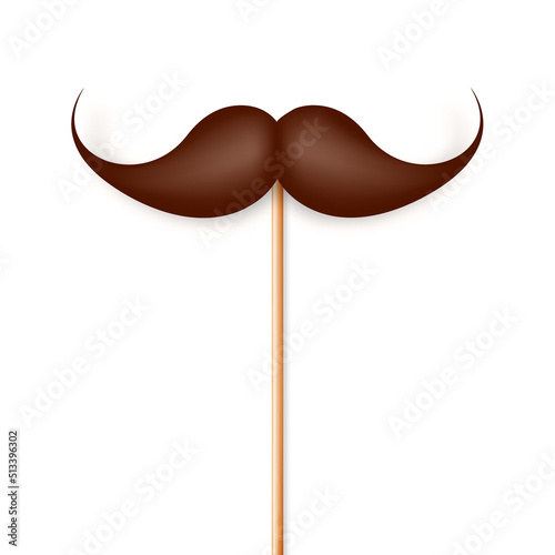 Realistic fake mustache on a wooden stick. Vintage paper mustache for carnival or holiday. Brown facial hair, hipster beard. Vector illustration