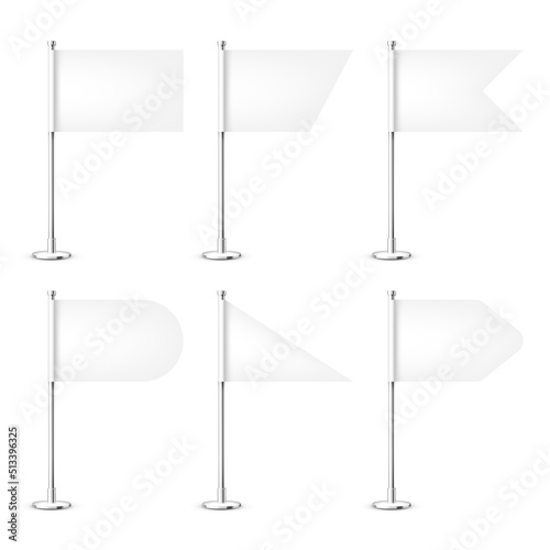 Realistic various table flags on a chrome steel pole. Blank white desk flag made of paper or fabric. Shiny metal stand. Mockup for promotion and advertising. Vector illustration
