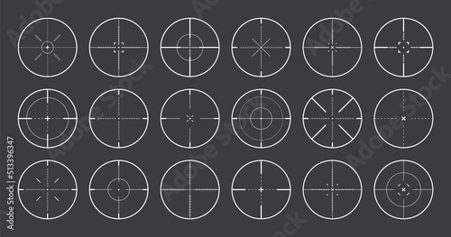 Various sniper rifle sights, weapon optical scope crosshair. Hunting gun viewfinder. Shooting mark symbol, aim. Military target sign. Game interface UI element. Vector illustration