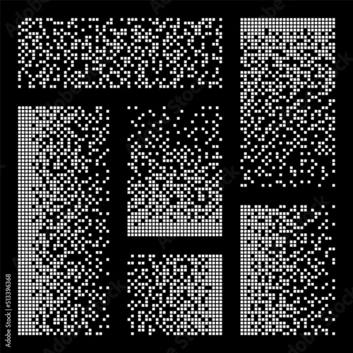 Pixel disintegration, decay effect. Various rectangular elements made of square shapes. Dispersed dotted pattern. Mosaic texture with simple particles. Vector illustration.