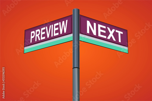 Preview on one side with Next another direction, chrome road sign, with read and green direction arrow labels, Halloween Orange Background.